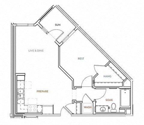 Floor plan for 1 bed, 1 bath, 706 sqft